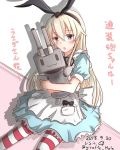  alice_(wonderland) alice_(wonderland)_(cosplay) alice_in_wonderland alternate_costume animal_ears blonde_hair blush brown_eyes bunny_ears commentary_request cosplay dated dress eyebrows_visible_through_hair fake_animal_ears giraffe_(ilconte) hair_between_eyes highres kantai_collection long_dress long_hair looking_at_viewer neck_ribbon open_mouth rensouhou-chan ribbon shimakaze_(kantai_collection) sitting striped striped_legwear translation_request twitter_username 