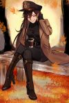  adjusting_hair artist_name belt boots brown_hair casual coffee_cup commentary_request contemporary crossed_legs cup disposable_cup fate/grand_order fate_(series) gloves hair_between_eyes hand_in_hair hat high_heel_boots high_heels leaf long_coat long_hair marchab_66 oda_nobunaga_(fate) pantyhose peaked_cap red_eyes shirt sitting skirt smile solo 
