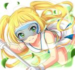  aikatsu!_(series) aikatsu_friends! bangs bare_shoulders blonde_hair blunt_bangs blush breasts commentary floating_hair gloves goggles green_eyes hinata_ema_(aikatsu_friends!) holding leaf long_hair looking_at_viewer parted_lips partly_fingerless_gloves sekina skirt small_breasts smile solo twintails white_gloves white_skirt 