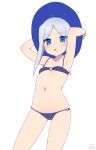  1girl armpits bare_arms bare_legs bare_shoulders bikini black_bikini blue_eyes blue_hair cameltoe child eyebrows_visible_through_hair eyes_visible_through_hair flat_chest future_card_buddyfight moyori navel o-ring o-ring_bikini open_mouth short_hair_with_long_locks signature sofia_sakharov stomach swimsuit 