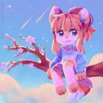  :3 anthro blue_eyes brown_fur brown_hair cat chibi clothed clothing cloud cute digital_media_(artwork) dipstick_tail feline female flower fur hair looking_away mammal mellow_(mellowkun) mellowkun multicolored_tail outside paws plant ponytail portrait shirt shooting_star shorts sitting sky smile solo star text tree white_fur 