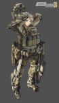  absurdres arms_up assault_rifle blue_eyes camouflage elbow_pads exoskeleton fn_scar full_body gloves gun headwear_removed helmet helmet_removed highres load_bearing_vest magazine_(weapon) military original pouch rifle short_hair silver_hair simple_background solo tantu_(tc1995) weapon 
