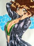  akiyama_yukari arm_behind_head bangs black_bodysuit blush_stickers bodysuit bra breasts brown_eyes brown_hair camouflage camouflage_bra cleavage closed_mouth commentary eyebrows_visible_through_hair fanta_(the_banana_pistols) girls_und_panzer green_bra hands_in_hair highres long_sleeves looking_at_viewer medium_breasts messy_hair navel short_hair smile solo standing traditional_media underwear unzipped upper_body zipper zipper_pull_tab 