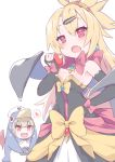  :d :o akatsuki_yuni animal_costume apple bangs bare_shoulders bat_wings black_dress black_gloves black_wings blonde_hair blush bow breasts camera cleavage cosplay crossover demon_wings disgaea dress earrings elbow_gloves eyebrows_visible_through_hair fang food fruit gloves hair_between_eyes hair_ornament hairclip hand_on_hip hat head_tilt heart holding holding_food holding_fruit jewelry long_hair makai_senki_disgaea_2 multiple_girls natori_sana nurse_cap open_mouth p_answer partly_fingerless_gloves penguin_costume prinny prinny_(cosplay) red_apple red_bow red_eyes red_wings rozalin rozalin_(cosplay) sana_channel small_breasts smile sparkle spoken_heart strapless strapless_dress uni_channel very_long_hair virtual_youtuber white_hat wings 