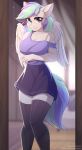  2018 5_fingers anthro big_breasts blue_eyes breasts clothed clothing digital_media_(artwork) equine fan_character feathered_wings feathers female fensu-san green_eyes looking_at_viewer mammal my_little_pony off_shoulder pegasus solo standing wings 