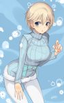  artist_name belt blonde_hair blue_eyes blue_sweater brave_witches bullseye1203 commentary cowboy_shot emblem floral_background hand_on_own_thigh leaning_forward looking_at_viewer military military_uniform nikka_edvardine_katajainen open_mouth pantyhose ribbed_sweater short_hair signature solo standing sweater turtleneck uniform utility_belt white_legwear world_witches_series 