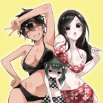  &lt;o&gt;_&lt;o&gt; bikini black_hair blush breast_envy breast_rest breasts breasts_on_head cleavage commentary_request floral_print green_hair height_difference highres igarashi_futaba_(shiromanta) kurobe_natsumi_(shiromanta) large_breasts medium_hair mole mole_under_eye multiple_girls navel polka_dot ponytail qqyy8rf9k sakurai_(shiromanta) senpai_ga_uzai_kouhai_no_hanashi short_hair swimsuit tan v 