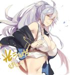  bangs bare_shoulders belt breasts cleavage cloak commentary_request crop_top granblue_fantasy hair_between_eyes high_ponytail large_breasts long_hair midriff navel off_shoulder ponytail silva_(granblue_fantasy) silver_hair smile translation_request uzukinoko very_long_hair yellow_eyes 