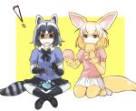  2girls animal_ears bangs black_footwear black_gloves black_legwear black_skirt blue_shirt bodystocking bow bowtie brown_eyes commentary common_raccoon_(kemono_friends) eating extra_ears fennec_(kemono_friends) food fork fox_ears fox_tail frown fur_collar gloves grey_hair hairband holding holding_fork indian_style japari_bun japari_symbol kemono_friends loafers looking_at_viewer medium_hair miniskirt multicolored_hair multiple_girls open_mouth outside_border pink_sweater pleated_skirt puffy_short_sleeves puffy_sleeves raccoon_ears raccoon_tail seiza shadow sharing_food shirt shoes short_sleeves silver_hair sitting skirt socks striped_tail sweater tail tearing_up wavy_mouth white_footwear white_skirt yellow_background yellow_gloves yellow_hairband yellow_neckwear yuuyu_(777) 