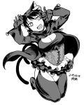  :d animal_ears bangs breasts cape cat_ears cat_tail cleavage cleavage_cutout copyright_request corset dated fang full_body gloves greyscale hands_up horns jumping large_breasts long_sleeves monochrome multiple_tails nekomata open_mouth pointy_ears signature simple_background skirt smile solo tail thighhighs tsukudani_(coke-buta) two_tails underbust white_background 