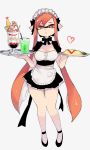  apron bow bowtie domino_mask food full_body heart highres ice_cream inkling iriehana long_hair looking_at_viewer maid_headdress mask omurice parted_lips pointy_ears red_eyes simple_background solo splatoon_(series) standing sundae tentacle_hair thigh_gap tray waist_apron waitress white_background 