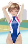  armpits arms_behind_head arms_up bangs bare_shoulders blue_swimsuit blush breasts brown_eyes brown_hair closed_mouth commentary_request competition_swimsuit highleg highleg_swimsuit highres hips idolmaster idolmaster_cinderella_girls long_hair looking_at_viewer medium_breasts nitta_minami one-piece_swimsuit photo-referenced ponytail smile solo striped striped_swimsuit swept_bangs swimsuit taka_(takahirokun) 