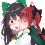  2girls bangs black_bow black_hair blush bow braid breasts cheek_kiss closed_eyes commentary_request dress eringi_(rmrafrn) eyebrows_visible_through_hair frilled_shirt_collar frills green_bow green_dress hair_between_eyes hair_bow heart juliet_sleeves kaenbyou_rin kiss long_hair long_sleeves looking_at_another medium_breasts multiple_girls one_eye_closed open_mouth puffy_short_sleeves puffy_sleeves red_eyes red_hair reiuji_utsuho shirt short_sleeves simple_background touhou upper_body v-shaped_eyebrows white_background white_shirt yuri 