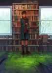  black_legwear blush book_stack bookshelf brown_hair chair closed_mouth day highres indoors kneehighs looking_at_viewer original scarf scenery short_hair solo standing window yoshida_seiji 