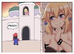  2girls bare_shoulders black_dress blonde_hair blue_eyes blue_overalls blush bowsette bracelet breasts brooch bush castle cleavage collar comic commentary crown dress earrings elbow_gloves english english_commentary fang forked_eyebrows gloves hand_to_own_mouth hat highres hinghoi horns jewelry large_breasts long_hair long_ponytail mario mario_(series) multiple_girls new_super_mario_bros._u_deluxe pink_dress pointy_ears princess_peach red_hat red_shirt shirt smile spiked_armlet spiked_bracelet spiked_collar spikes super_mario_bros. thick_eyebrows white_gloves 
