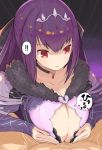  1boy 1girl breasts cleavage clothed_paizuri cum ejaculation fate/grand_order fate_(series) large_breasts long_hair mikasayaki paizuri purple_hair red_eyes scathach_(fate)_(all) scathach_(fate/grand_order) scathach_skadi_(fate/grand_order) translated 