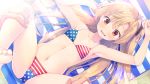  american_flag_bikini armpits arms_up azur_lane barefoot bikini blonde_hair cameltoe cleveland_(azur_lane) collarbone flag_print flat_chest highres lying masaki_kei navel one_side_up open_mouth ponytail red_eyes solo spread_legs swimsuit wavy_mouth 