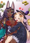 :d ^_^ abigail_williams_(fate/grand_order) absurdres animal_ear_fluff animal_ears bangs bare_shoulders black_bow black_dress black_gloves black_hat blonde_hair bloomers blush bow breasts bug butterfly cheek-to-breast cleavage closed_eyes commentary_request dark_skin dress elbow_gloves fate/grand_order fate_(series) flying_sweatdrops food fruit gloves gold_bar gradient gradient_background green_eyes hair_bow hat headpiece heart highres hug insect large_breasts long_hair long_sleeves multiple_girls nomeazog open_mouth orange orange_bow parted_bangs partly_fingerless_gloves polka_dot polka_dot_bow purple_background purple_hair queen_of_sheba_(fate/grand_order) red_dress round_teeth sitting sitting_on_lap sitting_on_person sleeveless sleeveless_dress sleeves_past_fingers sleeves_past_wrists smile teeth twitter_username underwear upper_teeth very_long_hair wavy_mouth white_background white_bloomers 