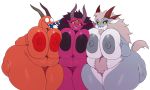  2018 anthro areola avian belly big_belly big_breasts big_butt big_thighs black_sclera breast_squish breasts breasts_frottage butt caprine deep_navel demon demon_goat digital_media_(artwork) facial_piercing female front_view goat goat_demon group hair hand_on_breast huge_breasts huge_butt looking_at_viewer mammal monster multi_eye navel nipples nose_piercing nude open_mouth overweight overweight_female piercing pussy septum_piercing simple_background smile sssonic2 teeth thick_thighs third_eye white_background wide_hips yellow_eyes 