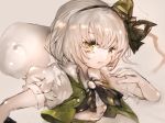  abstract_background black_ribbon blouse commentary_request green_eyes green_jacket grey_hair hair_ribbon jacket konpaku_youmu konpaku_youmu_(ghost) majamari open_mouth ribbon sketch solo touhou white_blouse 