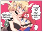  1girl bare_shoulders black_dress blue_overalls blush bowsette bracelet breast_press breasts brooch bush cleavage collar comic dress earrings english facial_hair forked_eyebrows hat highres hinghoi horns hug hug_from_behind jewelry large_breasts long_ponytail mario mario_(series) mustache new_super_mario_bros._u_deluxe pointy_ears red_hat red_shirt sharp_teeth shirt smile spiked_bracelet spiked_collar spiked_shell spiked_tail spikes super_crown super_mario_bros. tail teeth thick_eyebrows 