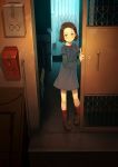  blue_eyes blush brown_footwear brown_hair closed_mouth eyebrows_visible_through_hair highres indoors lock looking_at_viewer original red_legwear shoes short_hair sliding_doors socks solo standing yoshida_seiji 