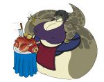  2017 abstract_background anthro big_breasts black_hair breasts cleavage clothed clothing female food hair huge_breasts jewelry knife magic nadiya naga nipple_bulge overweight reptile scalie snake solo vdisco voluptuous wide_hips 