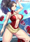  1girl abs armpits black_hair boku_no_hero_academia breasts brown_eyes cleavage large_breasts leotard polearm ponytail redjet simple_background smile solo spear weapon yaoyorozu_momo 