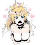  blonde_hair blue_eyes blush bowsette breasts cleavage collar cropped_torso crown eyebrows_visible_through_hair heart highres horns iriehana large_breasts long_hair looking_at_viewer mario_(series) new_super_mario_bros._u_deluxe sharp_teeth simple_background solo spiked_armlet spiked_collar spikes super_crown tail teeth tongue tongue_out white_background 