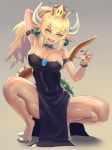  adapted_costume arm_behind_head backlighting bangs bare_shoulders barefoot black_nails blonde_hair blush bowsette bracelet breasts brooch cleavage collar collarbone crown dress eyebrows_visible_through_hair fingernails gradient gradient_background green_earrings hair_between_eyes highres jewelry kazto_furuya legs light_blue_eyes lipstick long_ponytail looking_at_viewer makeup mario_(series) md5_mismatch medium_breasts nail_polish new_super_mario_bros._u_deluxe nose_blush open_mouth pelvic_curtain pink_pupils pointy_ears red_lipstick sharp_fingernails sharp_teeth sharp_toenails shiny shiny_clothes shiny_hair shiny_skin short_hair sidelocks smile solo spiked_bracelet spiked_collar spiked_shell spiked_tail spikes strapless strapless_dress super_crown tail tan_background teeth thighs toenails toes toned 