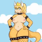  anthro areola big_breasts blonde_hair blue_eyes blush bowser bracelet breasts clitoris clothing collar crossgender crown feijoa female fishnet fishnet_legwear hair hands_on_hips horn jewelry koopa legwear looking_at_viewer mario_bros navel nintendo nipples nude outside princess_koopa pussy scalie simple_background solo spiked_bracelet spiked_collar spikes standing super_crown thick_thighs thigh_highs video_games voluptuous wide_hips 
