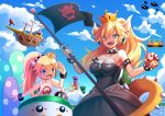  aircraft airship black_dress blonde_hair blue_eyes blue_sky bob-omb bowsette bowsette_jr. bracelet breasts brooch bullet_bill choker cleavage commentary crown day dress earrings eyebrows_visible_through_hair fang fangs highres horns jewelry koopa_clown_car looking_at_viewer mario mario_(series) mother_and_daughter mushroom new_super_mario_bros._u_deluxe open_mouth pixitales pointy_ears ponytail sky smile spiked_armlet spiked_bracelet spiked_choker spikes strapless strapless_dress super_crown super_mario_bros. warp_pipe 