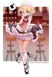  ? apron bangs bar bar_stool black_dress black_footwear blonde_hair bloomers blush bottle bow braid bxr cup dress drinking_glass eyebrows_visible_through_hair frilled_apron frills g36_(girls_frontline) girls_frontline glasses gloves green_eyes hand_up highres holding holding_tray kneehighs looking_at_viewer maid_headdress nose_blush parted_lips red_bow shoes side_braid single_braid sleeveless sleeveless_dress solo standing stool tray underwear uniform waist_apron waitress white_apron white_background white_bloomers white_gloves white_legwear wine_glass younger 