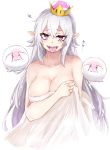  &gt;_&lt; bare_shoulders bed_sheet blush boo breasts collarbone commentary_request covering covering_breasts crown holding large_breasts long_hair luigi's_mansion mario_(series) new_super_mario_bros._u_deluxe open_mouth pointy_ears princess_king_boo purple_eyes sharp_teeth sidelocks simple_background smile solo_focus spoken_squiggle squiggle super_crown tahita1874 teeth tongue tongue_out very_long_hair white_background white_hair 