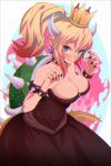  absurdres aqua_eyes bangs black_dress black_nails blonde_hair blue_earrings bowsette bracelet breasts chromatic_aberration chromatic_aberration_abuse cleavage collar dress fingernails grin hair_between_eyes hands_up highres horns huge_filesize jewelry kraitzz large_breasts long_ponytail looking_at_viewer mario_(series) md5_mismatch nail_polish new_super_mario_bros._u_deluxe pointy_ears reflective_eyes sharp_fingernails sharp_teeth shiny shiny_skin short_hair sidelocks smile solo spiked_bracelet spiked_collar spiked_shell spiked_tail spikes star star_in_eye strapless strapless_dress symbol_in_eye tail teeth 