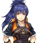  armor blue_hair brown_eyes closed_mouth commentary fire_emblem fire_emblem_if hairband japanese_clothes jurge long_hair oboro_(fire_emblem_if) ponytail short_sleeves simple_background smile solo upper_body white_background 
