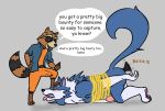  2018 4_toes bound bubble canine cowardlion cum darkstalkers dialogue digital_media_(artwork) duo guardians_of_the_galaxy jon_talbain male male/male mammal marvel penis procyonid raccoon rocket_raccoon sex_toy text toes vibrator video_games wolf 
