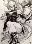  black_leotard blonde_hair bowsette bracelet breasts cleavage cleavage_cutout collar earrings fingernails grin horns jewelry jgeorgedrawz leotard mario_(series) new_super_mario_bros._u_deluxe nintendo pointy_ears sharp_fingernails smile spiked_armlet spiked_bracelet spiked_collar spiked_shell spiked_tail spikes super_crown toned turtle_shell 
