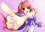  ahoge bangs blue_bow bow commentary_request eyebrows_visible_through_hair gradient gradient_background hair_bow hair_intakes hands index_finger_raised kagami_sumika large_bow long_hair long_sleeves looking_at_viewer low_ponytail muvluv muvluv_alternative open_mouth outstretched_arm palms partial_commentary ponytail red_eyes red_hair school_uniform serafuku skirt sky_rabbit solo standing very_long_hair white_skirt yellow_bow 