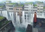  air_conditioner brown_hair day highres long_sleeves looking_away original outdoors overgrown scarf scenery short_hair solo standing water waterfall yoshida_seiji 