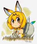  absurdres animal_ears artist_name bangs bow bowtie closed_mouth commentary elbow_gloves eyebrows_visible_through_hair fanta_(the_banana_pistols) gloves grass hat_feather helmet highres japari_symbol kemono_friends light_frown looking_at_viewer pith_helmet print_gloves print_neckwear serval_(kemono_friends) serval_ears serval_print shirt short_hair signature sleeveless sleeveless_shirt solo standing traditional_media upper_body white_gloves white_shirt yellow_neckwear 