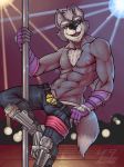  2018 abs anthro canine clothed clothing dancing digital_media_(artwork) eye_patch eyewear fur gloves looking_at_viewer male mammal muscular nintendo nipples pants pole pole_dancing red_eyes smile solo star_fox stripper_pole underwear video_games wolf wolf_o&#039;donnell yel18w 