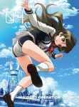  ass black_shirt breasts brown_eyes brown_hair cloud cover day from_behind hair_ornament hairclip highres kneehighs long_hair looking_back national_shin_ooshima_school_uniform official_art shinomiya_himawari shirt shoes short_shorts shorts sky solo tanaka_yuusuke vividred_operation white_legwear white_shirt 