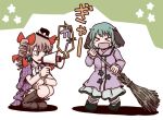  &gt;_&lt; :d animal_ears bangs black_hat blush boots bow broom brown_eyes brown_footwear brown_hair dress drill_hair floppy_ears green_hair hair_bow hat hat_bow hat_ribbon holding holding_broom jacket jiru_(jirufun) kasodani_kyouko long_hair long_sleeves medium_hair megaphone multiple_girls no_nose open_clothes open_jacket open_mouth purple_jacket red_bow ribbon smile squatting touhou translation_request white_bow white_ribbon xd yorigami_jo'on 