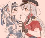  ainu_clothes blue_eyes blush breast_grab breasts brown_eyes brown_gloves closed_mouth eyebrows_visible_through_hair facial_scar from_side gangut_(kantai_collection) gloves grabbing grey_hair hair_between_eyes hat headband itomugi-kun jacket jacket_on_shoulders kamoi_(kantai_collection) kantai_collection large_breasts long_hair long_sleeves military military_hat military_jacket military_uniform multiple_girls peaked_cap red_shirt scar scar_on_cheek shirt short_sleeves silver_hair uniform white_jacket yuri 