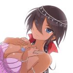  akagi_(fmttps) armlet artist_name bangs black_eyes black_hair bow bracelet breasts circlet cleavage closed_mouth commentary dark_skin dress dutch_angle eyebrows_visible_through_hair eyes_visible_through_hair girls_und_panzer hair_bow hair_over_one_eye hands_on_own_chest jewelry lips long_hair looking_at_viewer medium_breasts necklace ogin_(girls_und_panzer) ponytail purple_dress red_bow simple_background smile solo twitter_username upper_body white_background 
