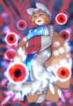  :d animal_humanoid big_breasts blonde_hair breasts canine chanta chinese_clothing clothed clothing dress female fox_humanoid hair hat humanoid legwear low-angle_view mammal multi_tail open_mouth ran_yakumo short_hair slit_pupils socks solo tabard teeth touhou yellow_eyes 