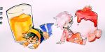  black_hair closed_eyes cup drink drinking_glass food food_request fruit hairband jojo_no_kimyou_na_bouken lying male_focus mani_(rokyujuusan) multiple_boys narancia_ghirga necktie on_stomach open_mouth orange_hairband pannacotta_fugo simple_background sitting smile strawberry traditional_media vento_aureo white_background white_hair wristband 