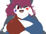  &lt;&gt; &lt;3 4:3 anthro big_breasts blush breasts cleavage clothed clothing digital_media_(artwork) disembodied_hand fangs feline female front_view grin hair hand_on_breast hand_on_cheek happy hi_res huge_breasts mammal one_eye_closed open_mouth open_smile overweight patting purple_hair red_eyes simple_background sitting smile solo white_background yosioka_san 