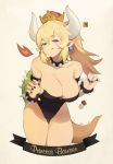  2018 animal_humanoid big_breasts blonde_hair bowser bowsette_meme breasts camel_toe collar crown ear_piercing female fire grey_eyes hair horn humanoid koopa looking_at_viewer mario_bros mushroom nintendo piercing scalie solo super_crown text tongue tongue_out video_games 